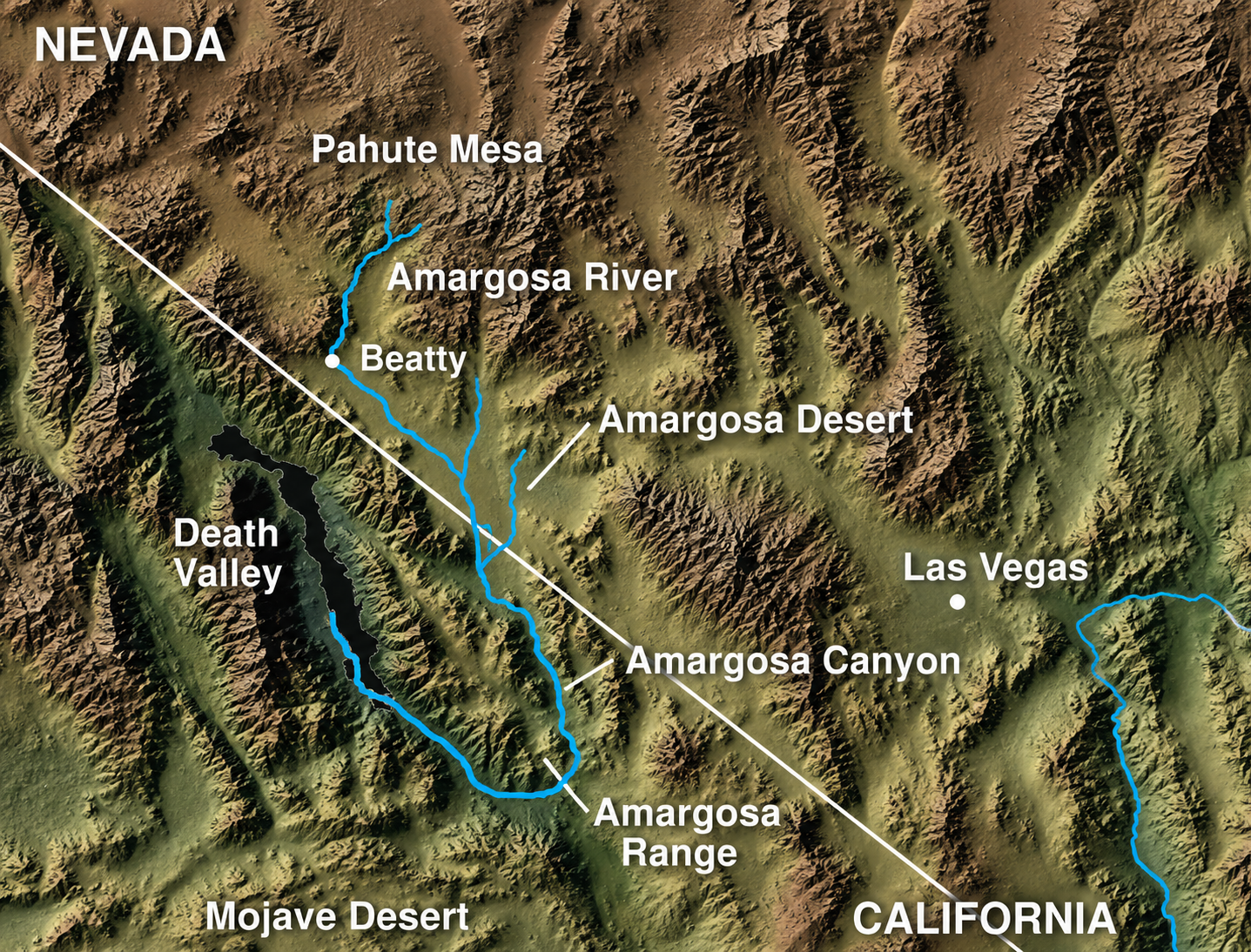 Relief map showing the Amargosa Desert, Amargosa River and Death Valley on the Nevada-California line